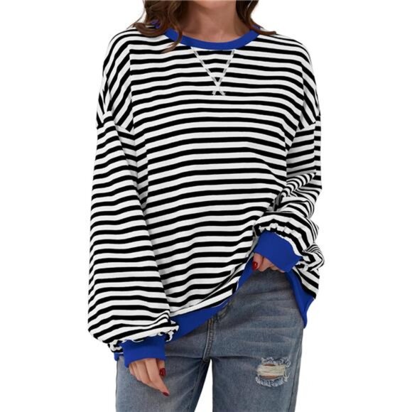 Women's Oversized Striped Color Block Long Sleeve Crew Neck Casual Pullover Top